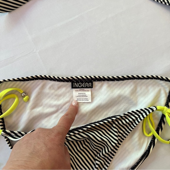 INGEAR Black and White Striped Bikini Set With Neon Yellow Band Sz L - Picture 3 of 5
